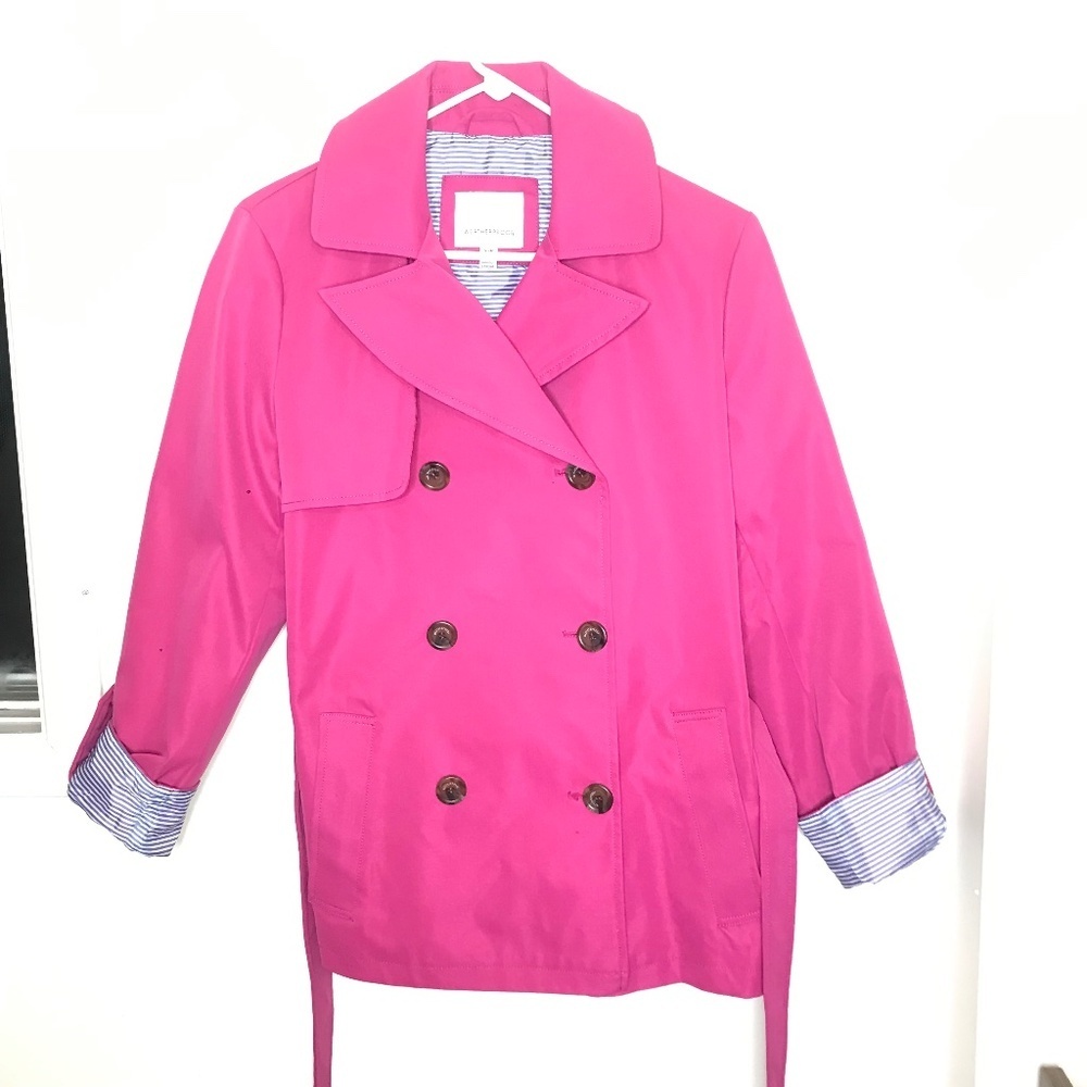 New Bright Pink Double-Breasted Trench Coat w/ Striped Lining – Women’s Small - Picture 2 of 12